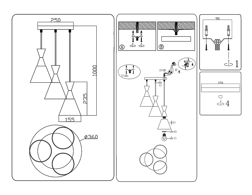 TR3175/3 BK/GD черный/золото E27/3 max 60W D360*1000